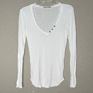 Michael Stars White V-Neck Long Sleeve Tee with Button Accent